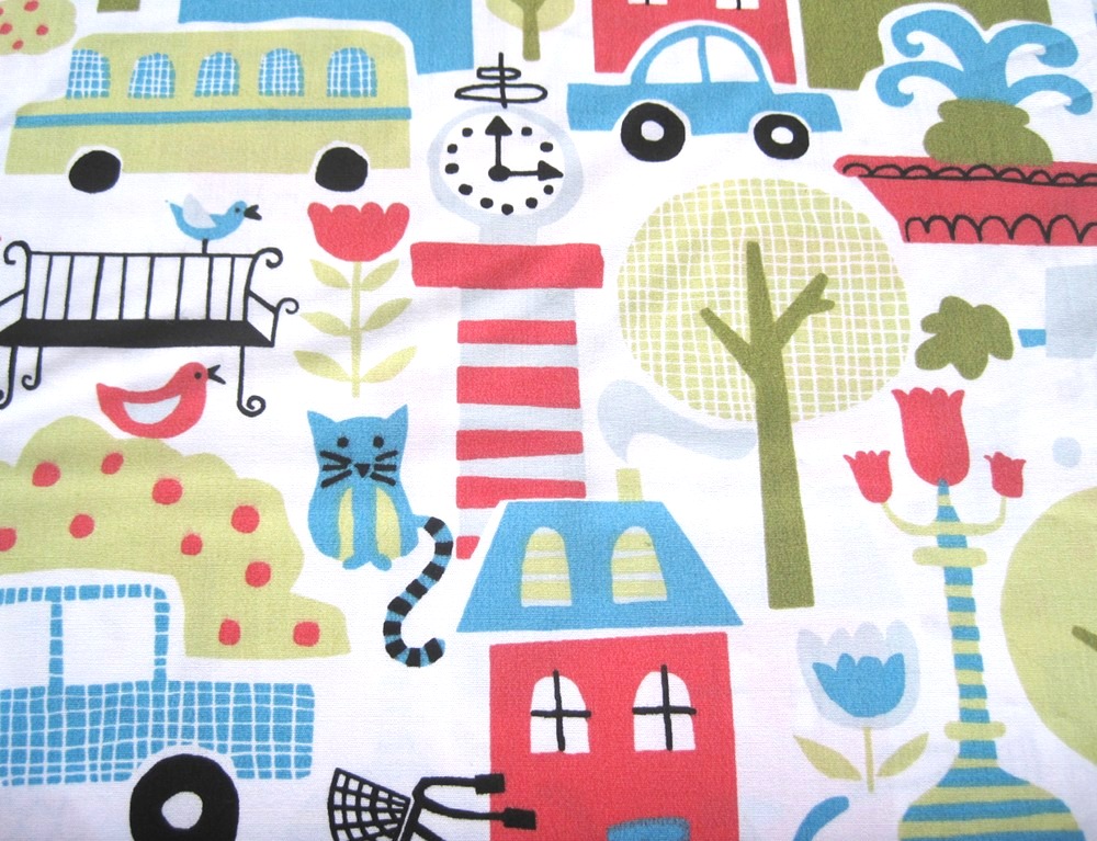 Organic Fabric City Scene (Cars, Houses, Flowers, Cats, Birds) - "Busy City" Taali Collection by Monaluna One Yard 